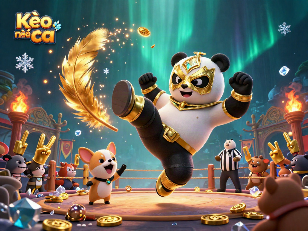 Kèo nhà cái showcases an animated panda wrestler in a dynamic gambling scene with cheering animal fans.