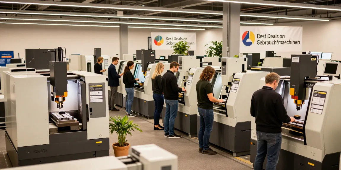 Engaged professionals examining high-quality Gebrauchtmaschinen in an industrial marketplace.