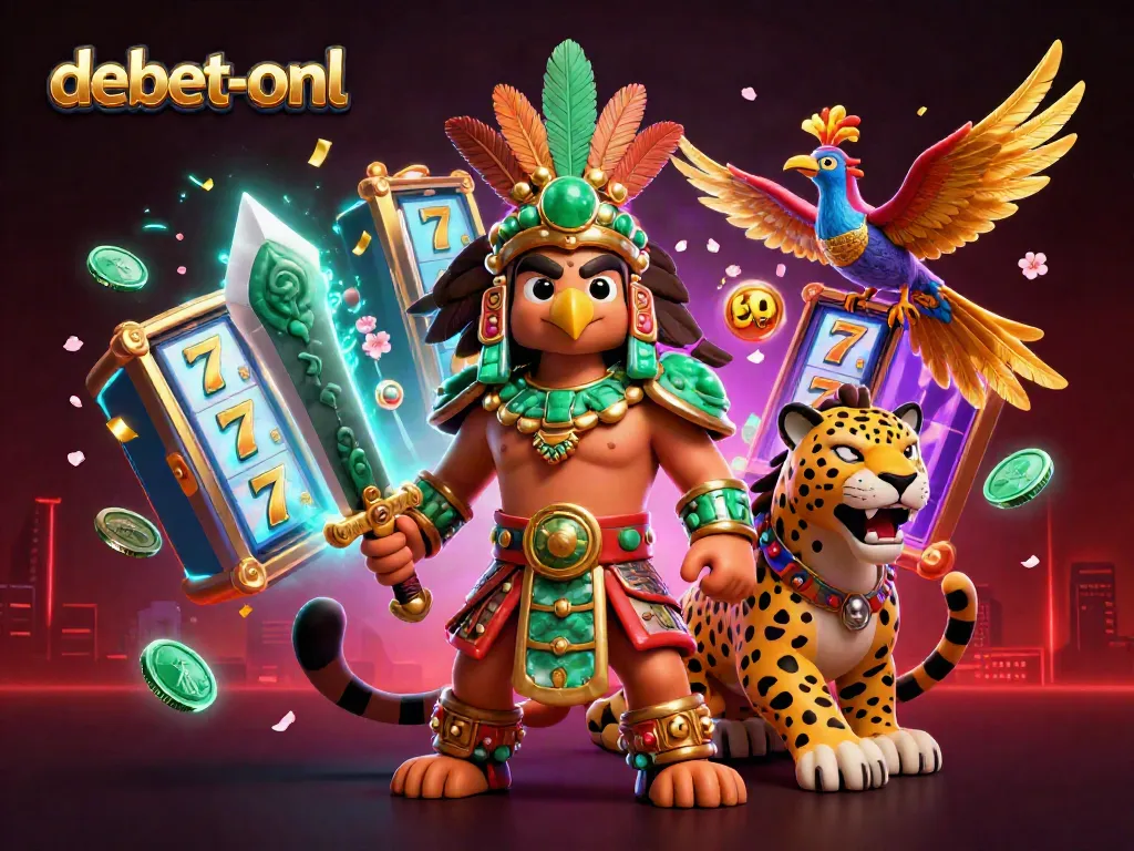 Experience excitement with debet-onl's vibrant 3D casino illustration featuring slot reels and vibrant characters.