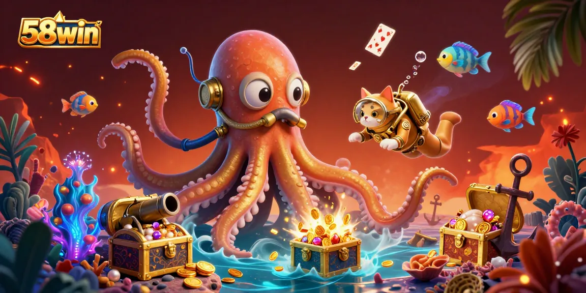 Bet on exciting games at 58win with ultra-detailed casino-themed illustration featuring a kraken and treasure.