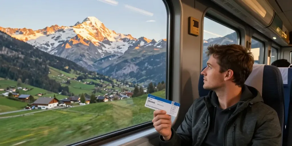 Eine Person mit einem Zugticket am Fenster eines Zuges, der durch die Alpen fährt, während die wunderschöne Landschaft vorbeizieht.