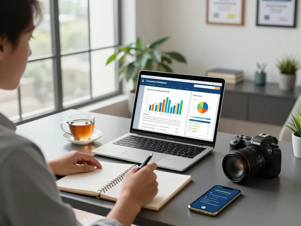 Analyse des Versicherungsvergleichs mit Diagrammen und Notizen in einem modernen Homeoffice-Umfeld.