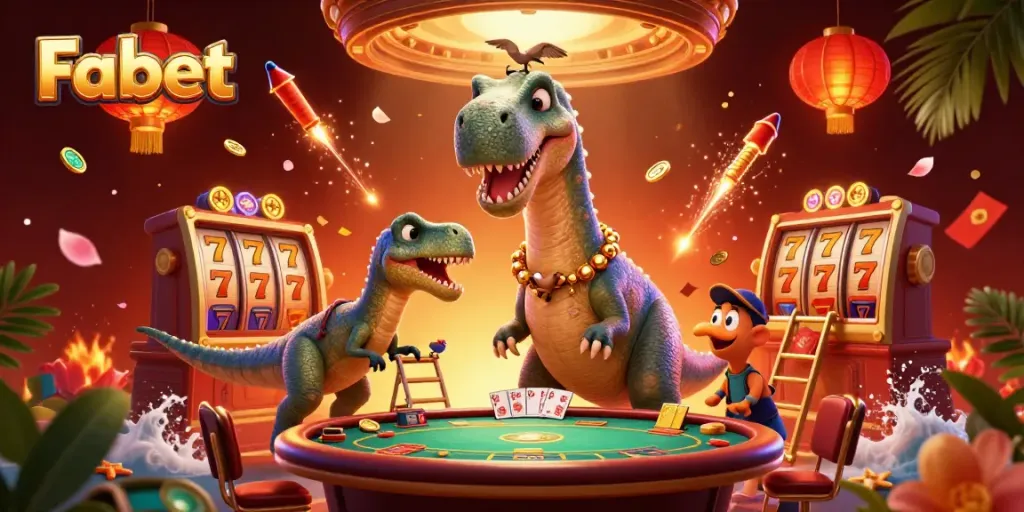 Engage with the vibrant world of Fabet featuring a tall dinosaur and raptor in an exciting casino scene.