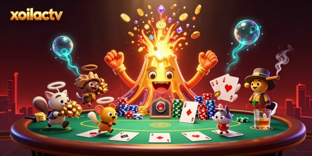Experience exhilarating moments with xoilactv as animated characters showcase treasure hunting amidst vibrant casino elements.