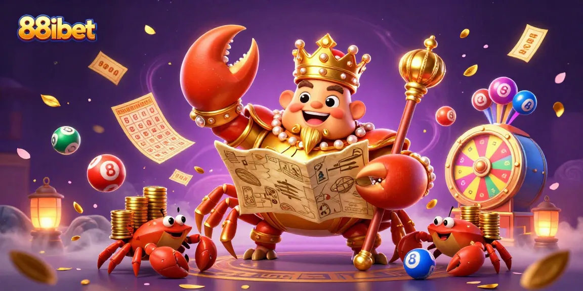88ibet's vibrant casino scene with a golden crab emperor and lottery elements showcasing exciting gameplay.