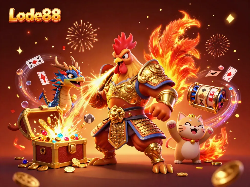 Engage in thrilling gameplay with Lode88, featuring an armored rooster and dragon amidst lively casino elements.