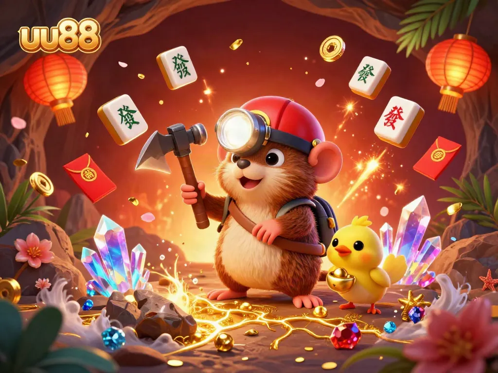 uu88 treasure hunter mole discovering gems amidst glowing casino elements in a vibrant, animated scene.