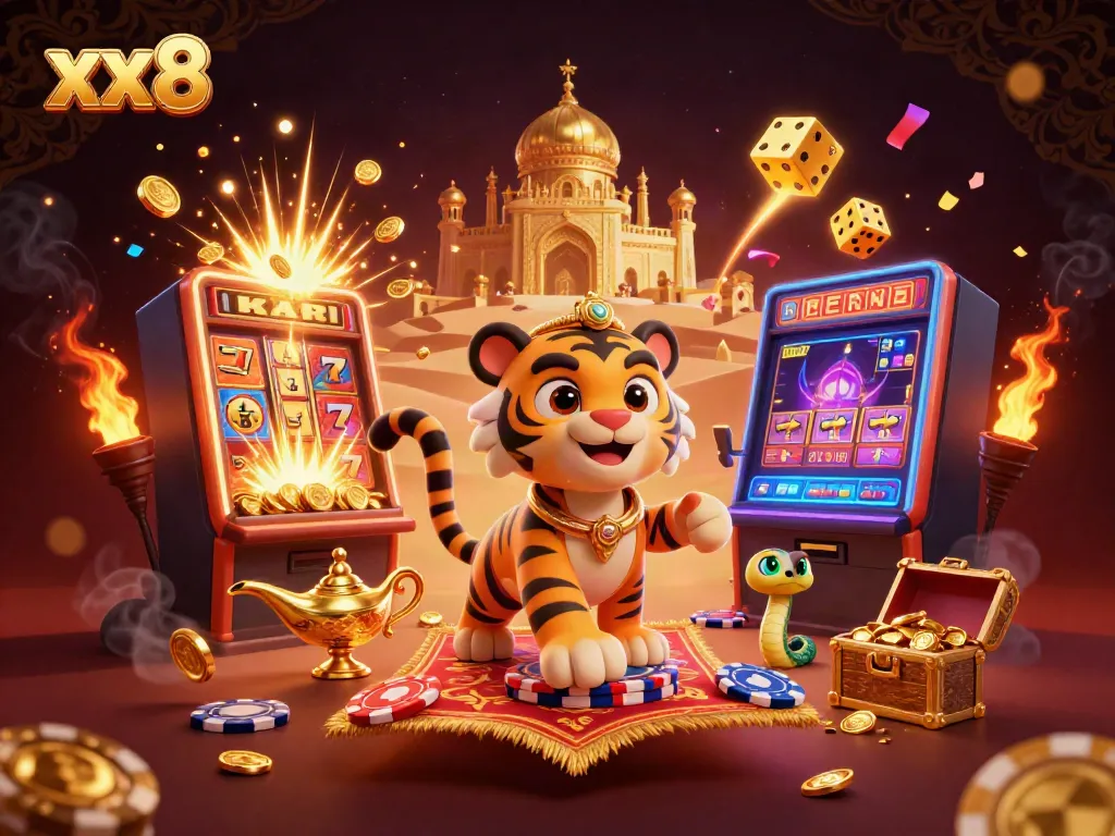 Experience exhilarating jackpots at xx8 with vibrant 3D illustrations of gaming excitement, showcasing a tiger sultan and magical elements.