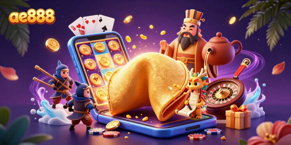 Enhance your luck at ae888 with a vibrant illustration featuring a golden fortune cookie wizardry and dynamic gaming elements.