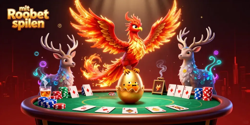 Mit Roobet spielen: Dynamische Illustration eines Casinos mit Fabelwesen und Pokerelementen.