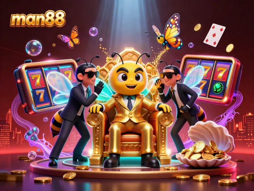 Engage in thrilling casino activities at man88, surrounded by a vibrant bumblebee mob boss and sparkling slot games.