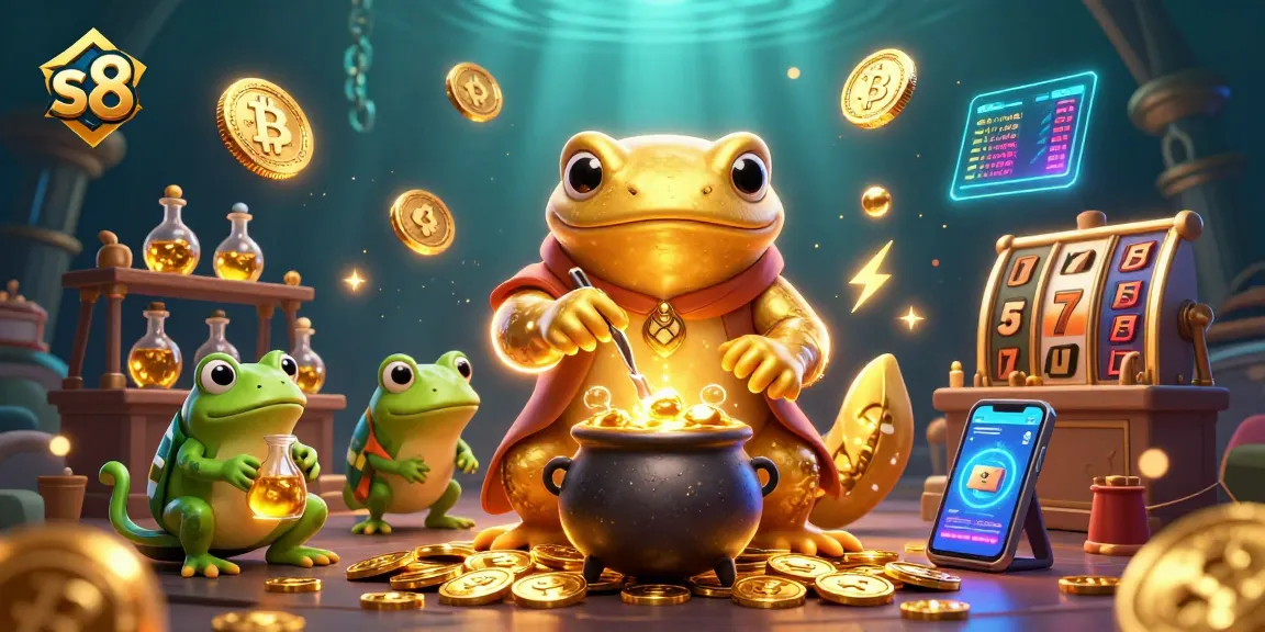 Engage in thrilling gaming at s8 with a vibrant 3D scene featuring alchemists and glowing cryptocurrencies.