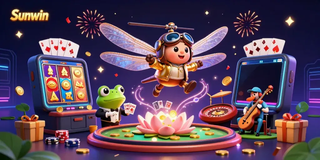 Experience the excitement at Sunwin's lily pad casino with vibrant characters and dynamic gaming elements.