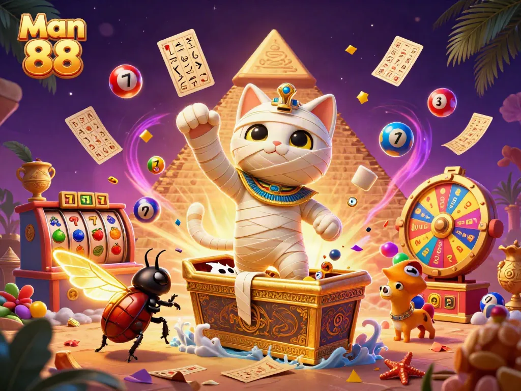 Experience thrilling gaming action with Man 88 as the Egyptian mummy cat bursts from a gold sarcophagus in this vibrant casino scene.
