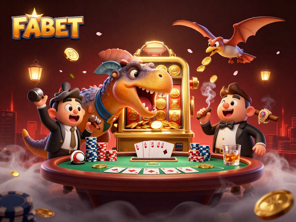 FABET players enjoying a jackpot moment with flying coins in a vibrant casino scene.