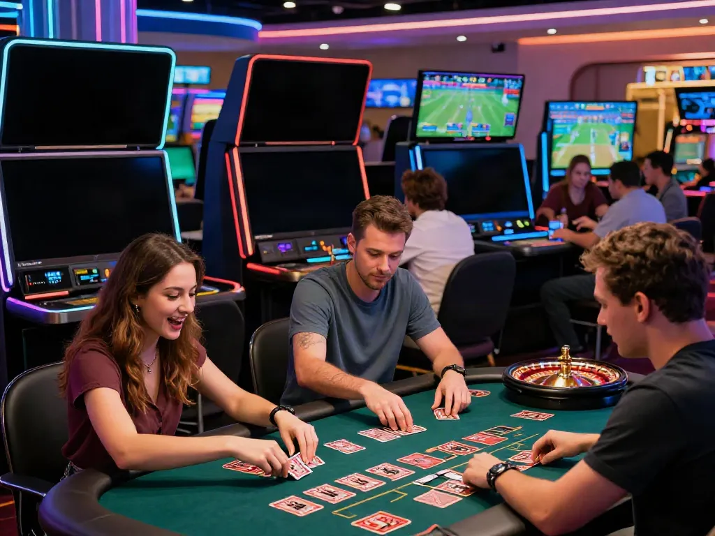 Exciting H19 gaming scene with diverse players engaged in card games and roulette, showcasing online casino thrill.