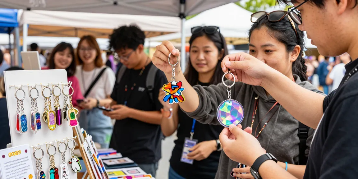 Custom keychains displayed at vibrant market stall with shoppers exploring unique designs and personalisation.