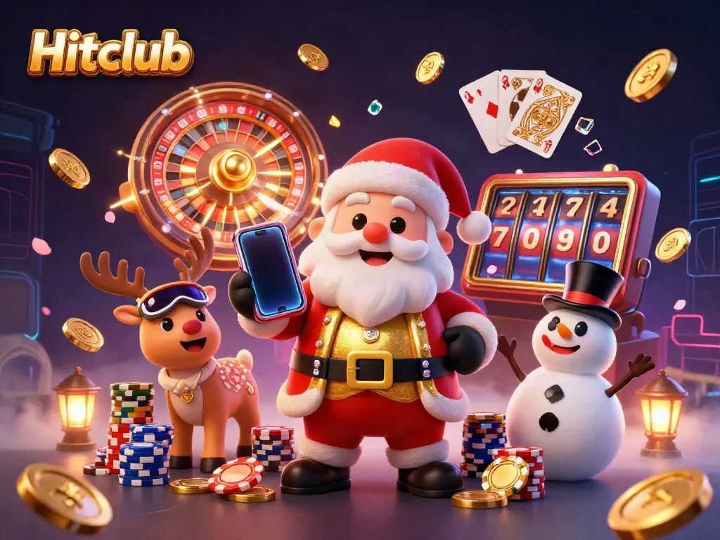 Hitclub showcases fun in a vibrant casino scene with Santa and friends celebrating jackpots.