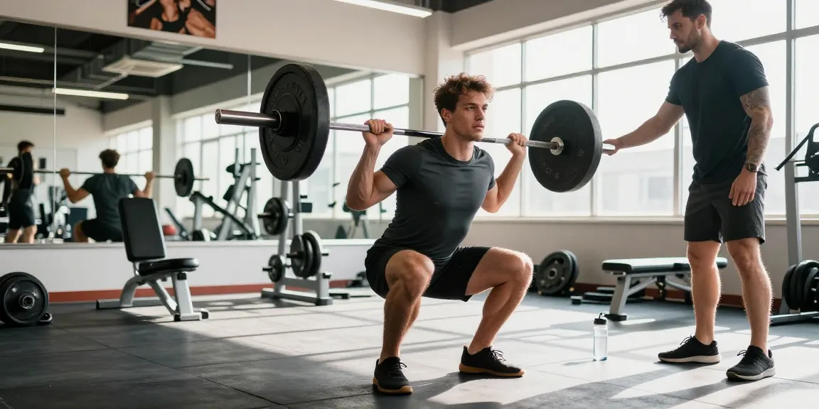 Anabolika-Shop hebt ernsthaften Bodybuilder hervor, der Kniebeugen mit Langhantel ausführt, und betont Stärke und Engagement in einem modernen Fitnessstudio.