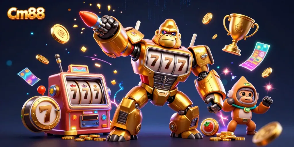 Spin to win at cm88 with dynamic 3D casino action featuring a golden gorilla mech.