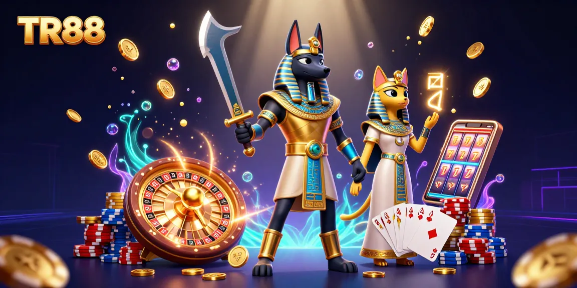 Experience thrilling wins with TR88 in this dazzling 3D casino scene, featuring Anubis, gold coins, and a roulette wheel.