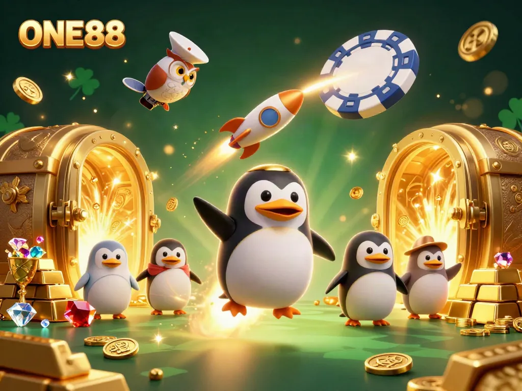 Experience thrilling wins at ONE88 with a golden penguin racing toward a casino spaceship, filled with treasures.