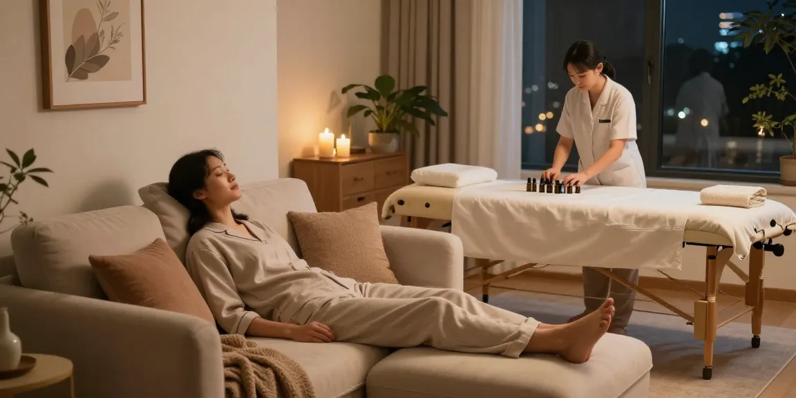 Enjoying a tranquil 출장안마 session with a professional therapist in a cozy home setting.