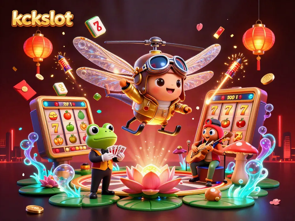 Menangkap keseruan bermain slot di KCKSLOT dengan pesawat helikopter dan dealer kartu, dipenuhi elemen kasino.