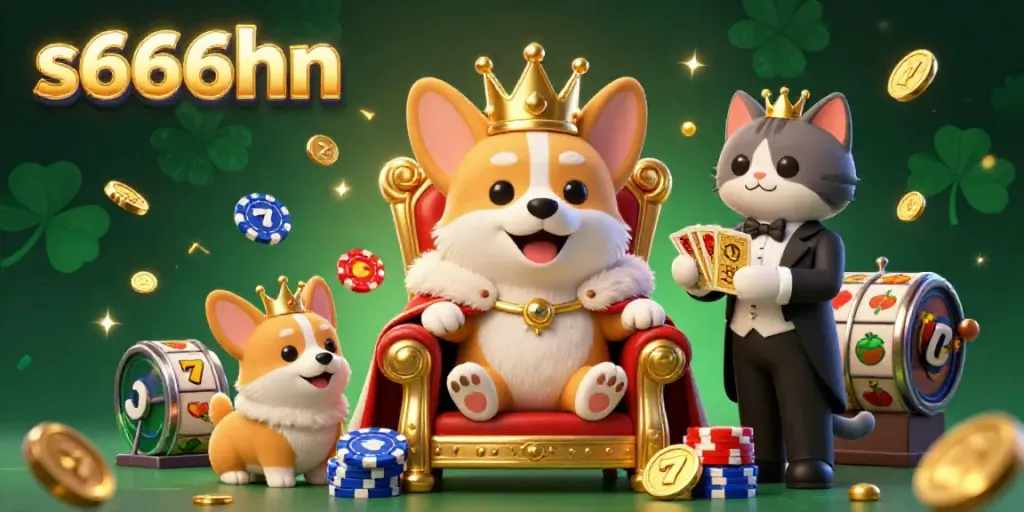 Engage with the vibrant s666hn casino scene featuring colorful slot elements and playful royal corgis.