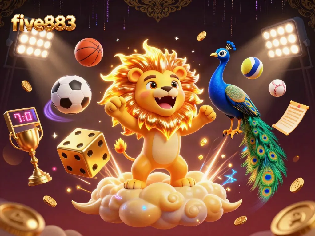 Experience the excitement of five883 with a vibrant 3D casino illustration featuring a roaring lion and dynamic game elements.