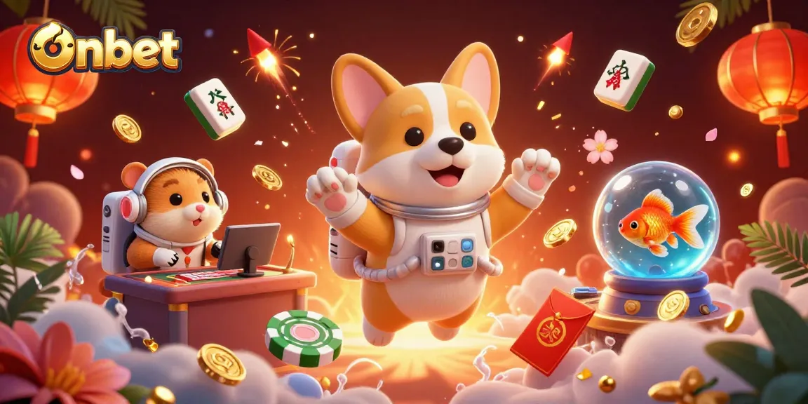 Experience Onbet with a cartoon astronaut corgi in a cosmic casino, drifting poker chips and glowing elements.