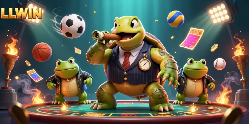 Experience winning thrills at LLWIN with a vibrant casino world featuring a turtle mobster and frog enforcers.