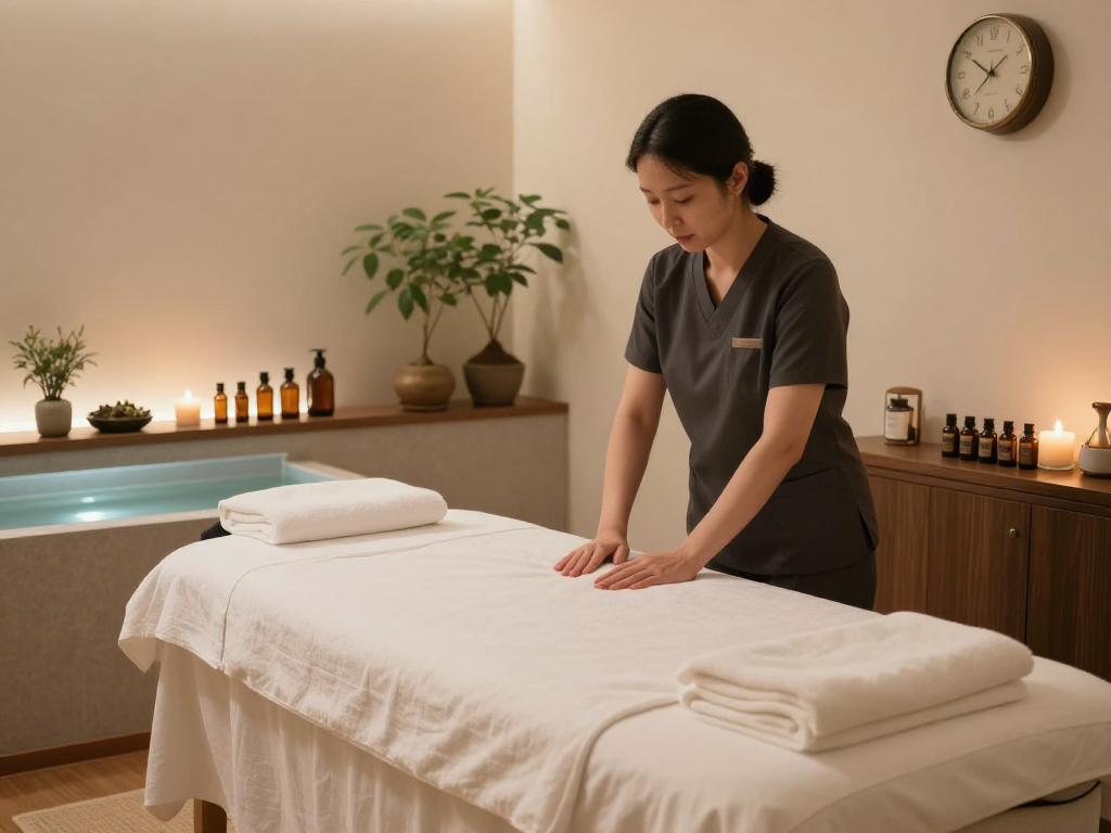 Relaxing 서울출장마사지 therapy room with essential oils, candles, and tranquil atmosphere