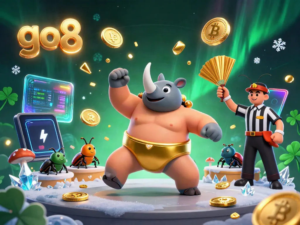 Engage with go8's thrilling online casino experience, featuring a dynamic Sumo beetle champion surrounded by shimmering cryptocurrencies.