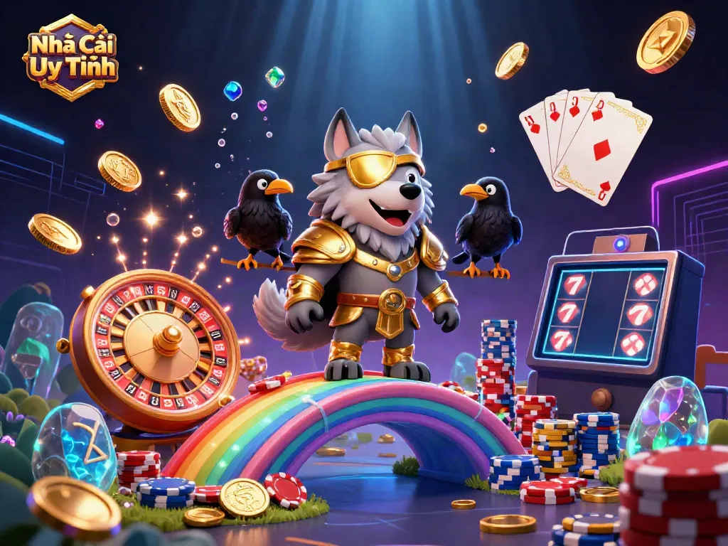 Experience thrilling gaming in "Nhà Cái Uy Tín" with Odin and ravens over a vibrant casino bridge.