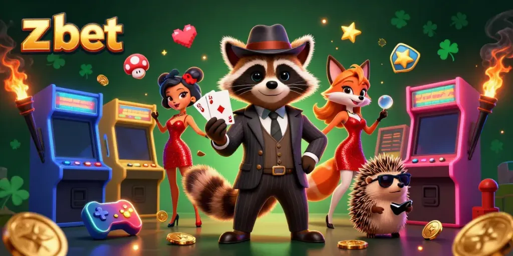 Experience thrilling play at z bet with a raccoon holding a royal flush, lively characters, and exciting casino elements.