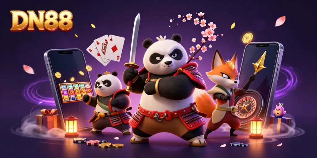 Engage in thrilling gameplay with DN88's dynamic casino scene showcasing samurai panda and ninja fox.