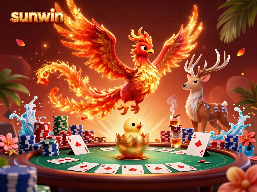 Engage with sunwin's thrilling poker scene featuring a blazing phoenix, vibrant chips, and dynamic casino elements.