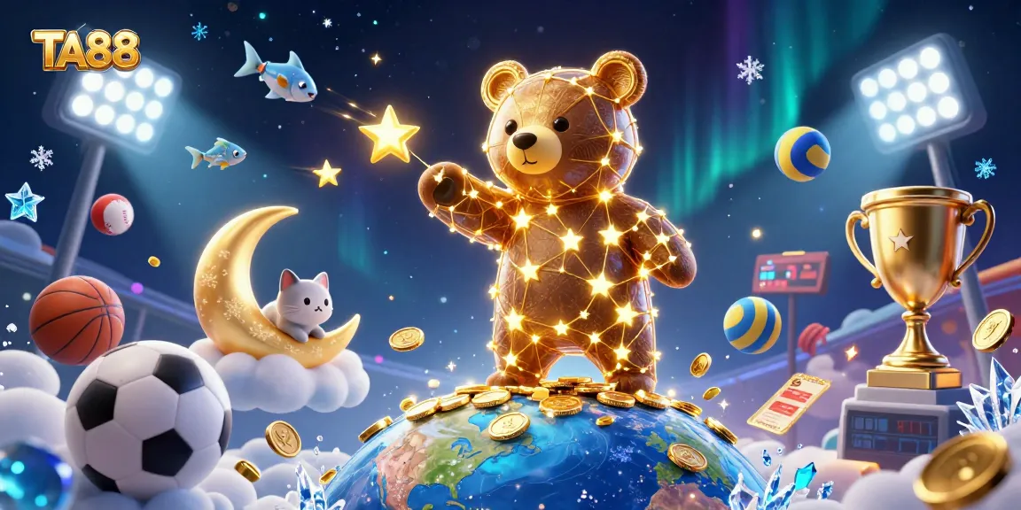 Engage with TA88's exciting casino world featuring a constellation bear and vibrant sports elements.