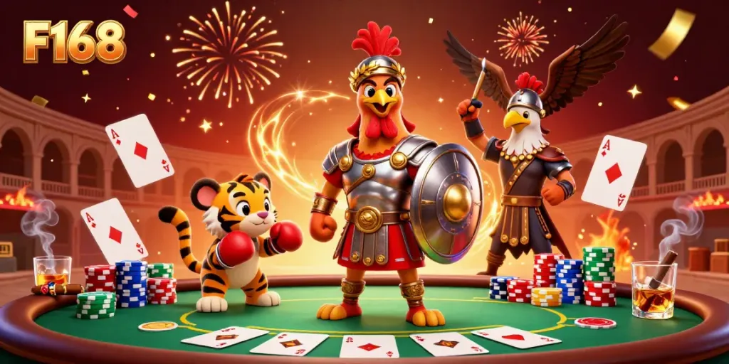 Engage in thrilling actions at F168 with a vibrant scene showcasing card games and unique characters.