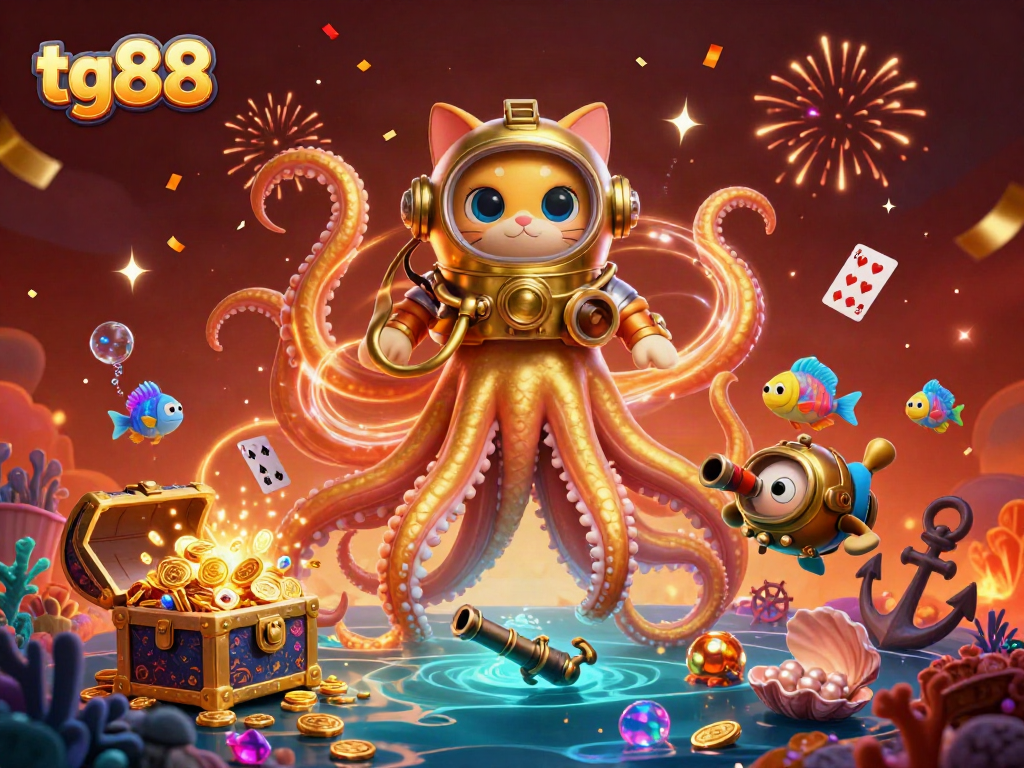 Experience thrilling games at tg88, where a colossal kraken emerges amidst vibrant treasures and gaming action.