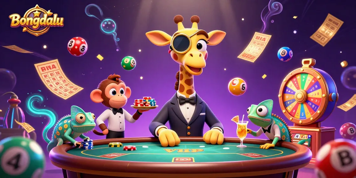 Bongdalu showcases a vibrant scene with a high-roller giraffe at a poker table amidst colorful lottery elements.