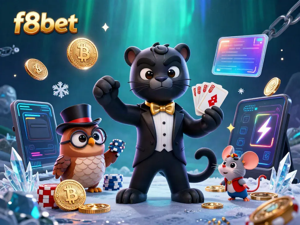 Experience thrilling gameplay with f8bet as a black panther elegantly deals cards amidst vibrant casino elements.