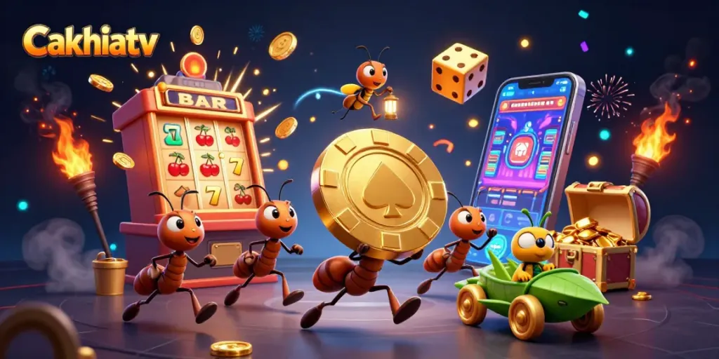 Cakhiatv's energetic heist scene featuring ants carrying a poker chip, symbolizing gambling excitement and engagement.