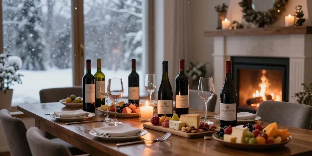 Ein elegantes Winteressen mit Grand Marrenon Rotwein, Kerzenlicht und Blick auf fallenden Schnee.