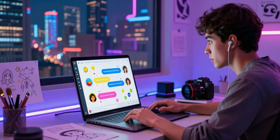 Dynamic NSFW AI interaction with animated chatbot on laptop in a vibrant digital workspace.
