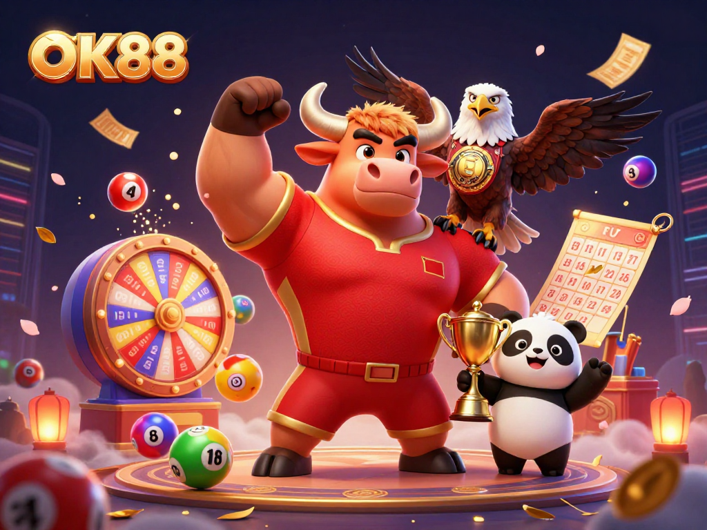 Experience thrilling wins with OK88 at this vibrant cartoon casino scene.