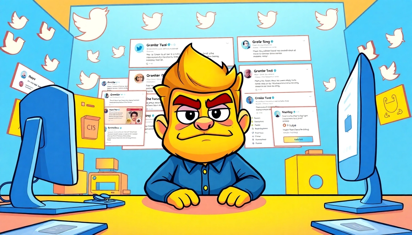 Der charmant mürrische Grantler-Charakter von Grantler Twitter, der sich humorvoll mit Satire in einer farbenfrohen digitalen Umgebung auseinandersetzt.