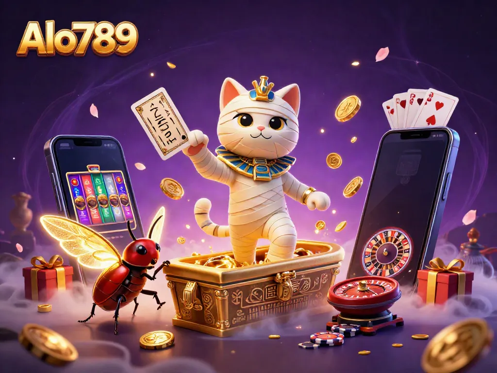 Experience a vibrant casino scene with Alo789's mummy cat character and glowing scarab, set in a pyramid