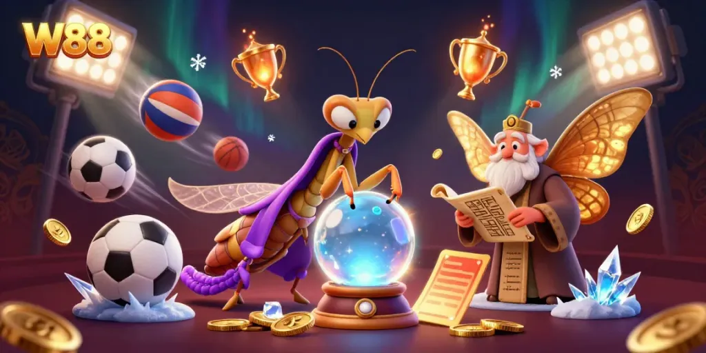 Experience thrilling betting strategies with W88 and vibrant gaming elements in a mystical scene.
